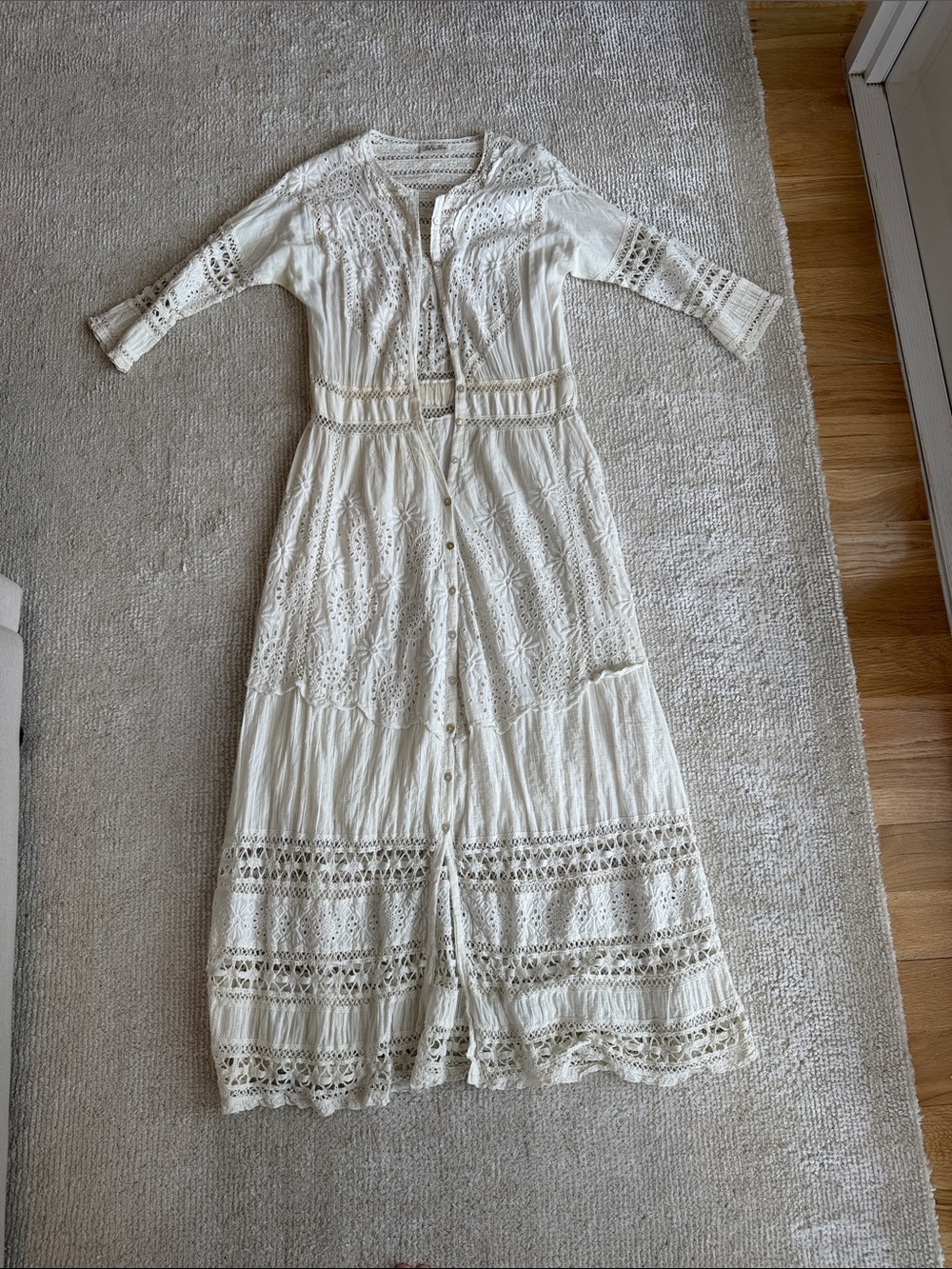 LoveShackFancy Cream Crochet Button-Front Midi Dress